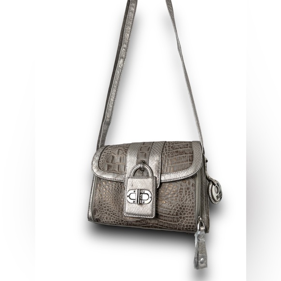 NWOT MC Marc Chantal Gray Vegan Leather Croc Embossed Crossbody Purse Silver - Picture 2 of 16